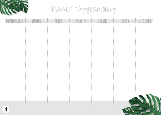 Weekly planner whiteboard 410 - Graphic design. White surface with gray text and green leaves.