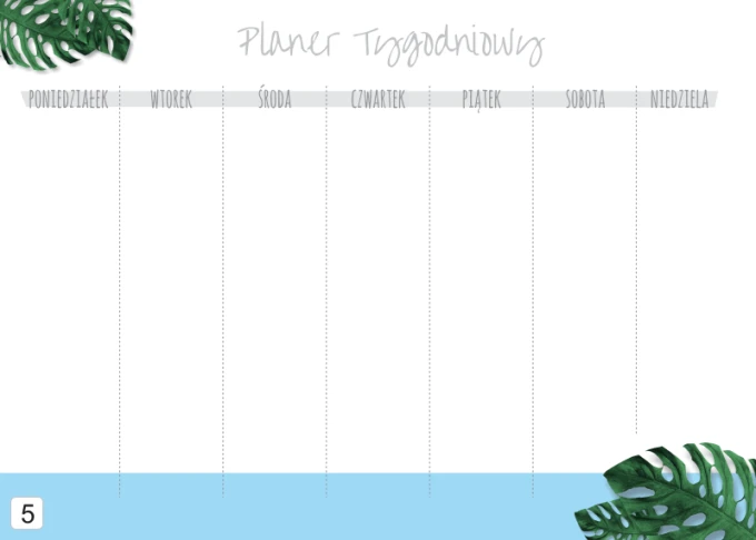 Weekly planner whiteboard 410 - Graphic design. White surface with text, lines, and leaves in the bottom corner.