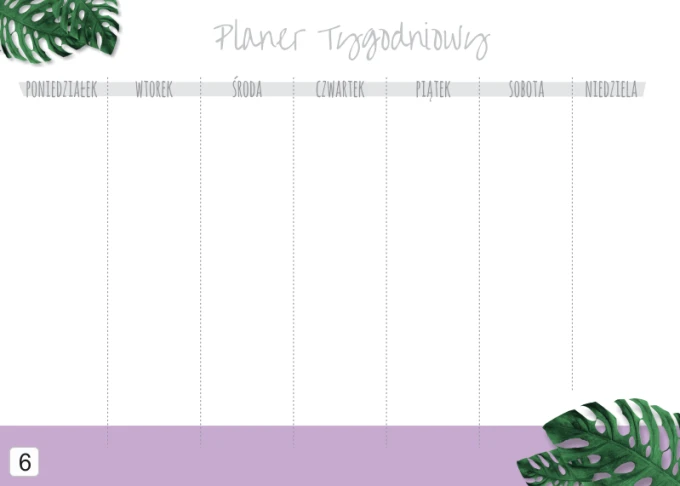 Weekly planner whiteboard 410 - Graphic design with gray text and green leaves in the corner.