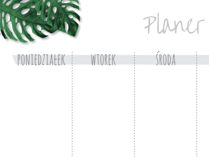 Weekly planner whiteboard 410 - Graphic design. White surface with green leaf and gray text.