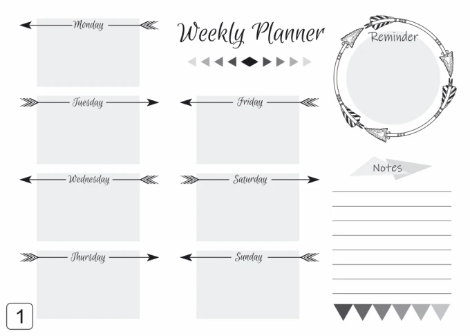 Weekly planner dry-erase board 405 - Graphic design. Simple layout with fields for days of the week and arrows.
