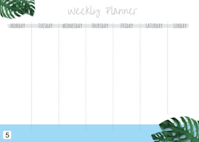 Weekly planner dry-erase board 409 - Features days of the week and leaf designs on a white background.