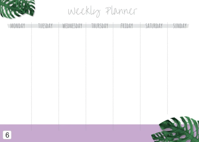Weekly planner dry-erase board 409 - Features days of the week and leaves design in the bottom corner on a white background.