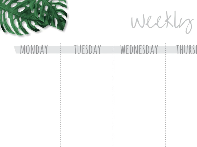 Weekly planner dry-erase board 409 - Graphic design with days of the week and a leaf on a white background.