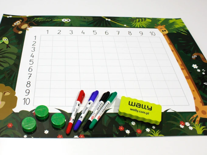 Magnetic dry-erase multiplication chart 030 - Features numbers and grids on a jungle background.