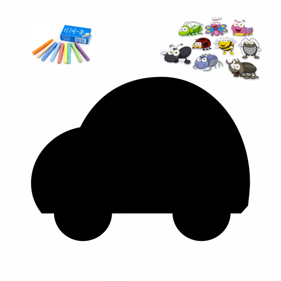 Magnetic chalkboard for kids in car shape with colorful crayons and magnets.