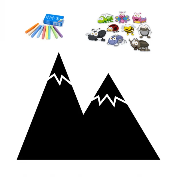Chalkboard magnetic board for kids, mountain design. Black board shaped like mountains with white peaks.