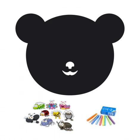 Chalkboard magnetic board for kids in bear shape with cut-out eyes and nose, featuring colorful designs.