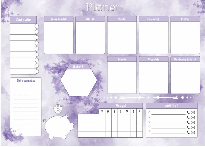 Magnetic dry-erase weekly planner board 420 - Purple graphic design with space for notes.