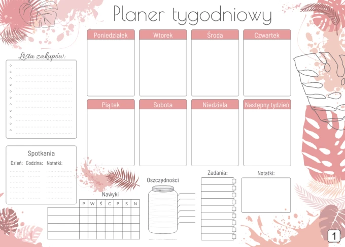 Magnetic dry-erase weekly planner board 416 - Graphic design with pink leaves and rectangular boxes for days of the week.