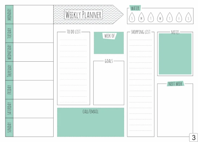 Magnetic dry-erase weekly planner 411 - features rectangles, arrows, and drop icons in a graphic design.