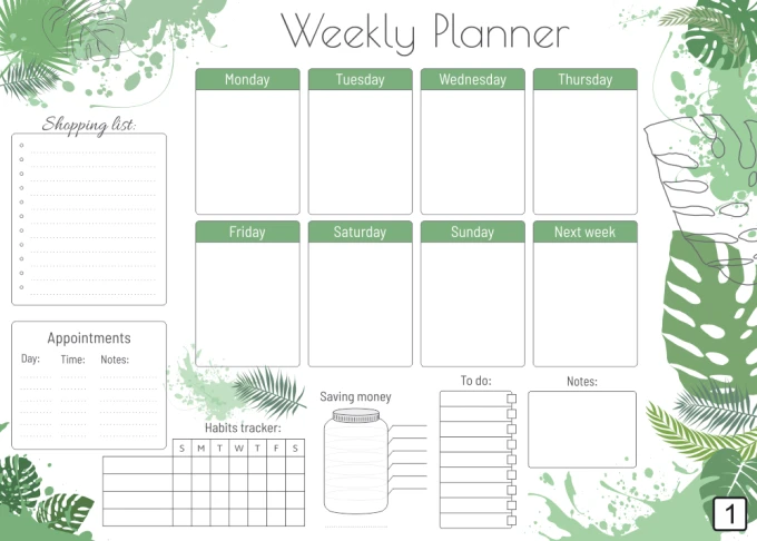Magnetic dry-erase board Weekly planner 415 - Features a design of green leaves on a white background.