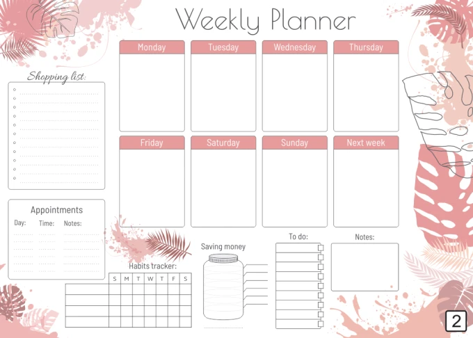 Magnetic dry-erase weekly planner 415 - Graphic design with pink leaves and rectangular boxes for days.