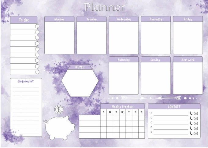 Dry-erase magnetic board Weekly planner 419 - Graphic design in purple shades with space for notes.