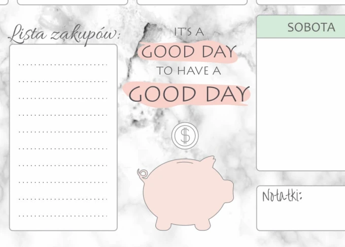 Weekly planner whiteboard 414 - Graphic design with pink text on a marble background.