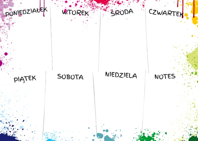 Weekly planner whiteboard 418 - Graphic design with colorful splashes and days of the week on a white background.