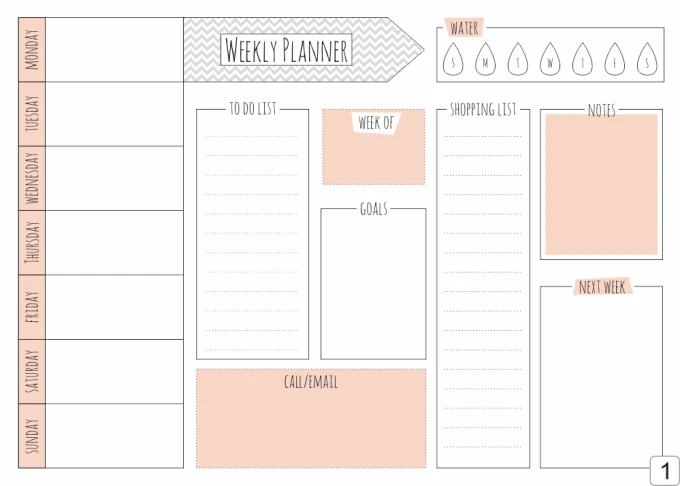 Weekly planner dry-erase board 411 - Graphic design with a simple composition of rectangles and lines in shades of pink.