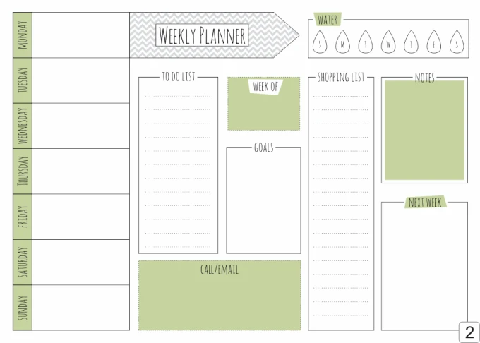 Weekly planner dry-erase board 411 - Graphic design. Simple layout with spaces for notes, lists, and goals. Green colors.