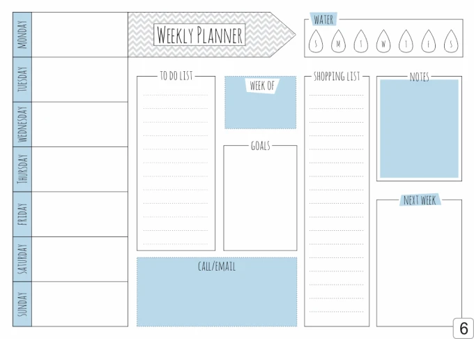 Weekly planner dry-erase board 411 - Graphic design. Simple layout with planning fields in blue.