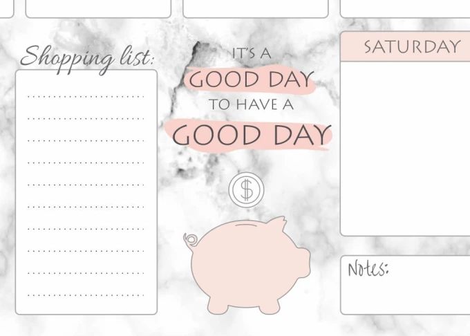 Weekly planner dry-erase board 413 - Graphic design with pink text and piggy bank illustration on a marble background.