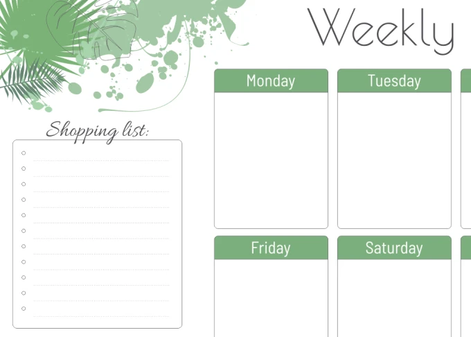 Weekly planner dry-erase board 415 - Graphic design with green spots and leaves on a white background, includes a list area.