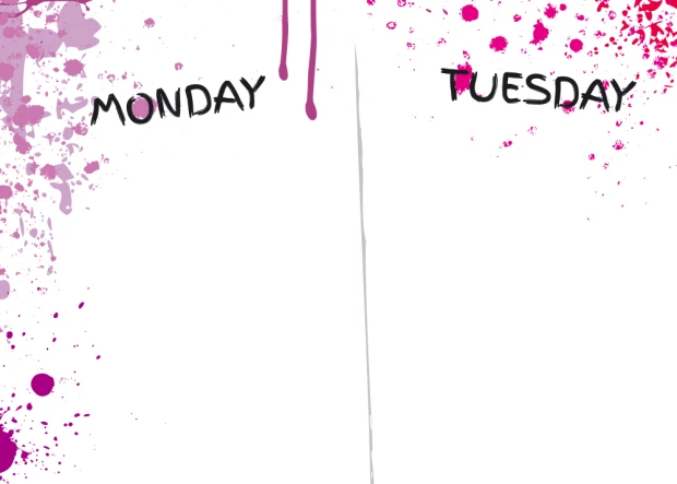 Weekly planner dry-erase board 417 - Graphic design with columns for MONDAY and TUESDAY and pink hue splashes.