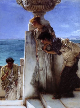 Reproduction of A Foregone Conclusion by Lawrence Alma-Tadema. Characters in ancient attire with a sea view.