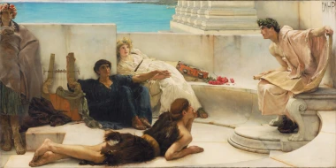 Reproduction of A Reading from Homer by Lawrence Alma-Tadema - Graphic design featuring figures in ancient attire, seated and reclining.