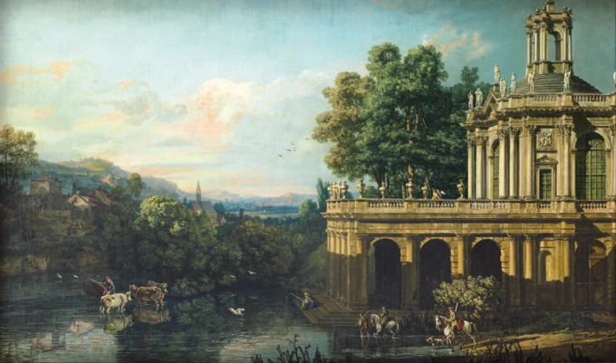 Architectural Caprice with a Palace by Canaletto, Bernardo Bellotto - Graphic design print featuring a palace.