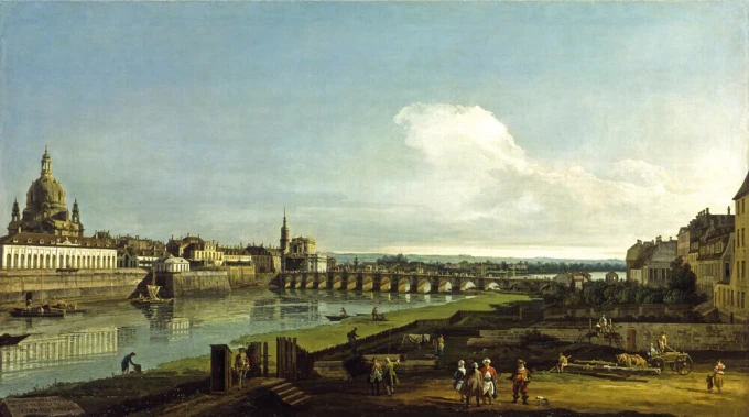 Print of Dresden view featuring the Frauenkirche by Canaletto, Bernardo Bellotto - Graphic design showcasing the city.