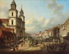Reproduction of the Church of the Holy Cross in Warsaw by Canaletto, featuring a street scene.
