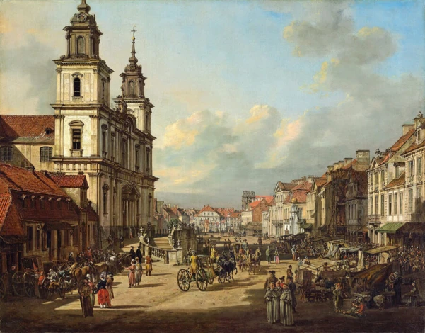 Reproduction of the Church of the Holy Cross in Warsaw by Canaletto, featuring a street scene.