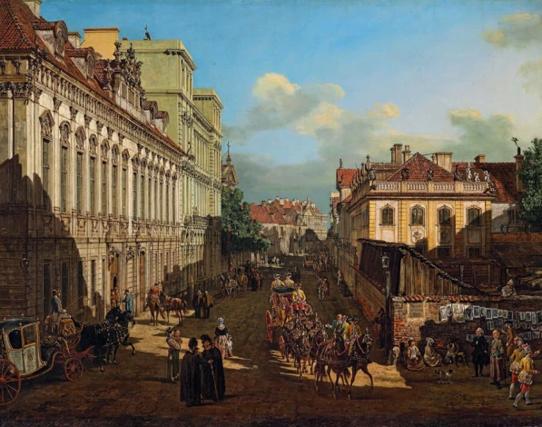 Reproduction of Miodowa Street in Warsaw by Canaletto, featuring buildings and people in a graphic design.