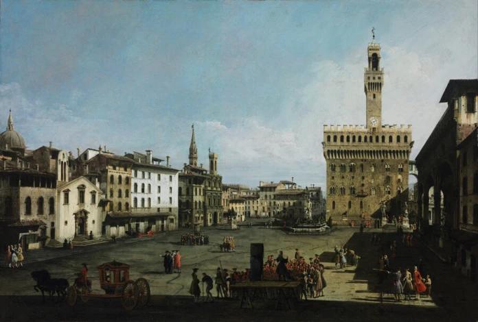 Reproduction of Piazza della Signoria in Florence by Canaletto, Bernardo Bellotto - Graphic design. Urban space.