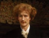 Portrait reproduction of Ignacy Paderewski by Lawrence Alma-Tadema. Man with curly hair in dark attire.