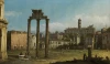 Reproduction of Ruins of the Forum, Rome by Canaletto, featuring columns and buildings.