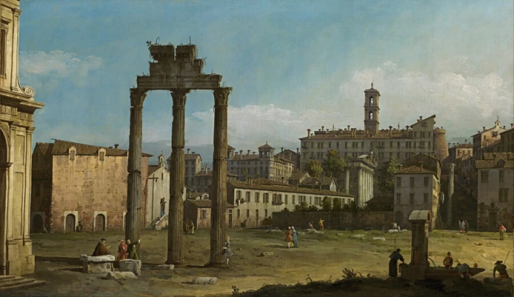 Reproduction of Ruins of the Forum, Rome by Canaletto, featuring columns and buildings.