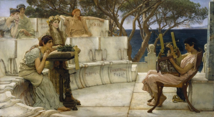 Reproduction of Sappho and Alcaeus by Lawrence Alma-Tadema - Classic space arrangement with light-colored walls.