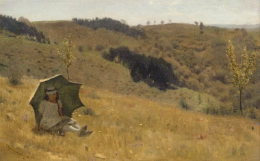 Reproduction of Sunny Days by Lawrence Alma-Tadema. Woman in a white dress sitting under a green umbrella.