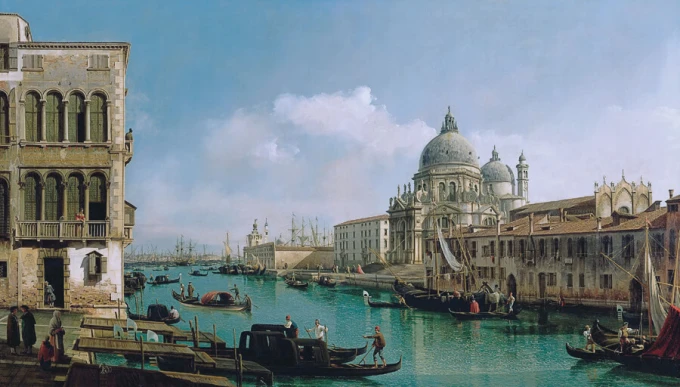 Reproduction of View of the Grand Canal and the Dogana by Canaletto, featuring a scenic canal depiction.