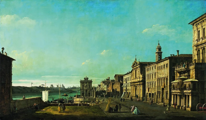 Reproduction of View of Via di Ripetta in Rome by Canaletto, featuring a scenic river view.