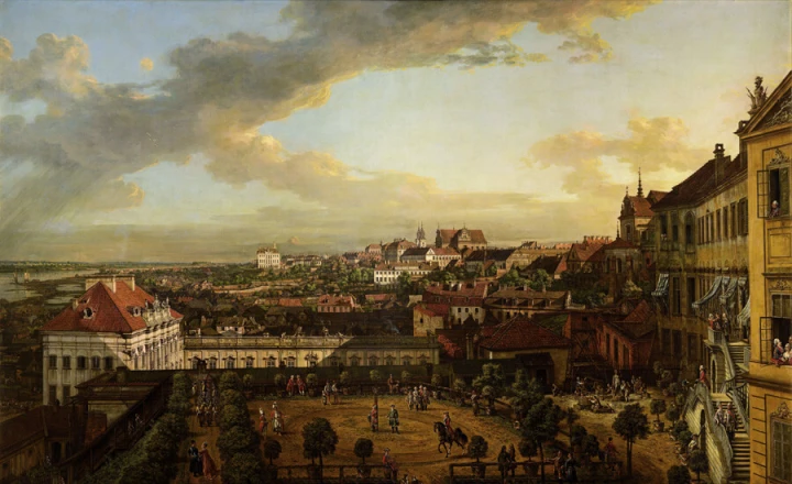 Reproduction of View of Warsaw from the Royal Castle by Canaletto, showcasing a panoramic scene.