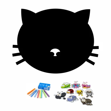 Chalkboard magnetic board for kids featuring a large black cat silhouette with prominent ears and whiskers.