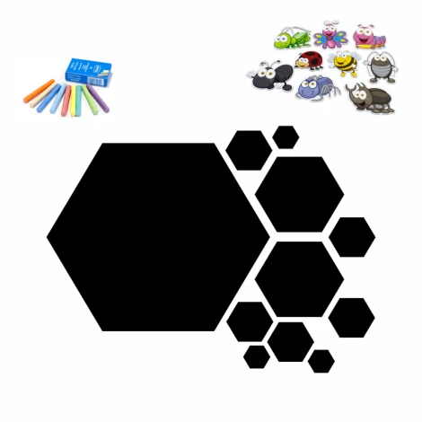 Chalkboard magnetic hexagon board 290 - Graphic design with hexagonal shapes in various sizes and colors.