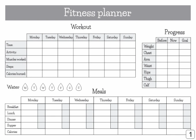Magnetic dry-erase fitness planner board 429 - Features a graphic table with days of the week.