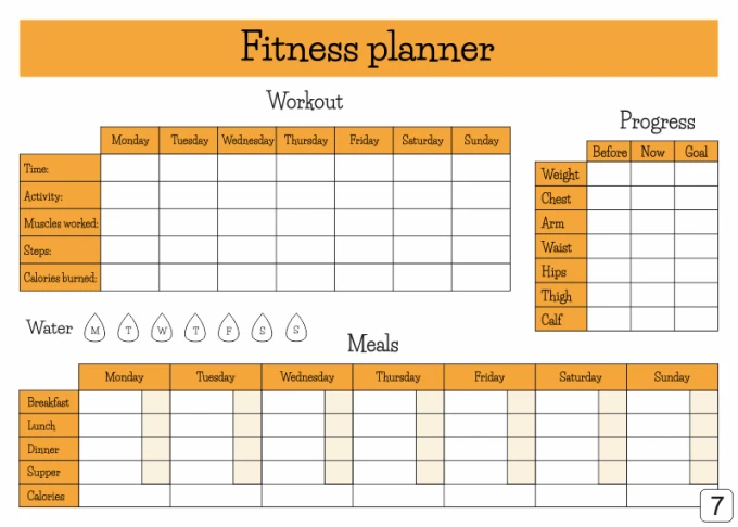 Magnetic dry-erase fitness planner board 429 - Rectangular board with tables for workouts and meals.