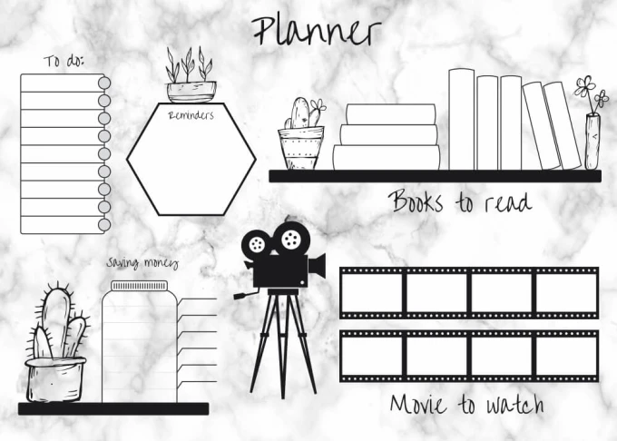 Magnetic dry-erase board Weekly planner 421 - Features various sections with frames in a graphic design.