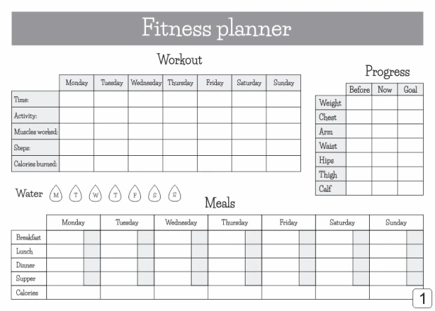 Fitness planner whiteboard 429 - Graphic design featuring a weekly schedule table and sections.