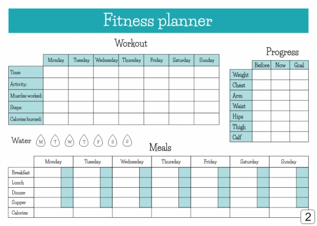 Fitness planner whiteboard 429 - Graphic design with a weekly schedule and categories.