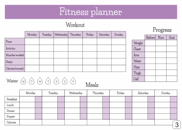 Fitness planner whiteboard 429 - Graphic design with weekly tables and sections for workouts.